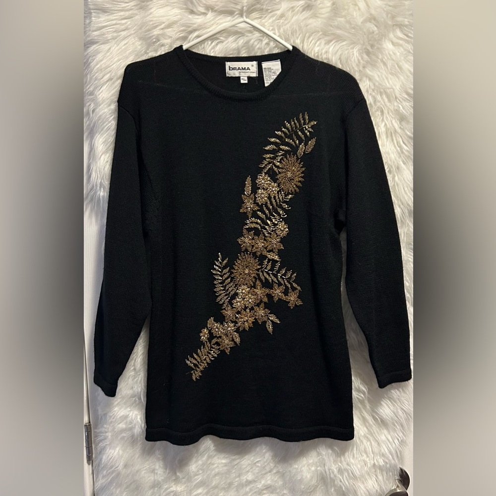 Vintage Black Wool Blend Sweater with Gold Floral Embroidery and Beading 🤩
